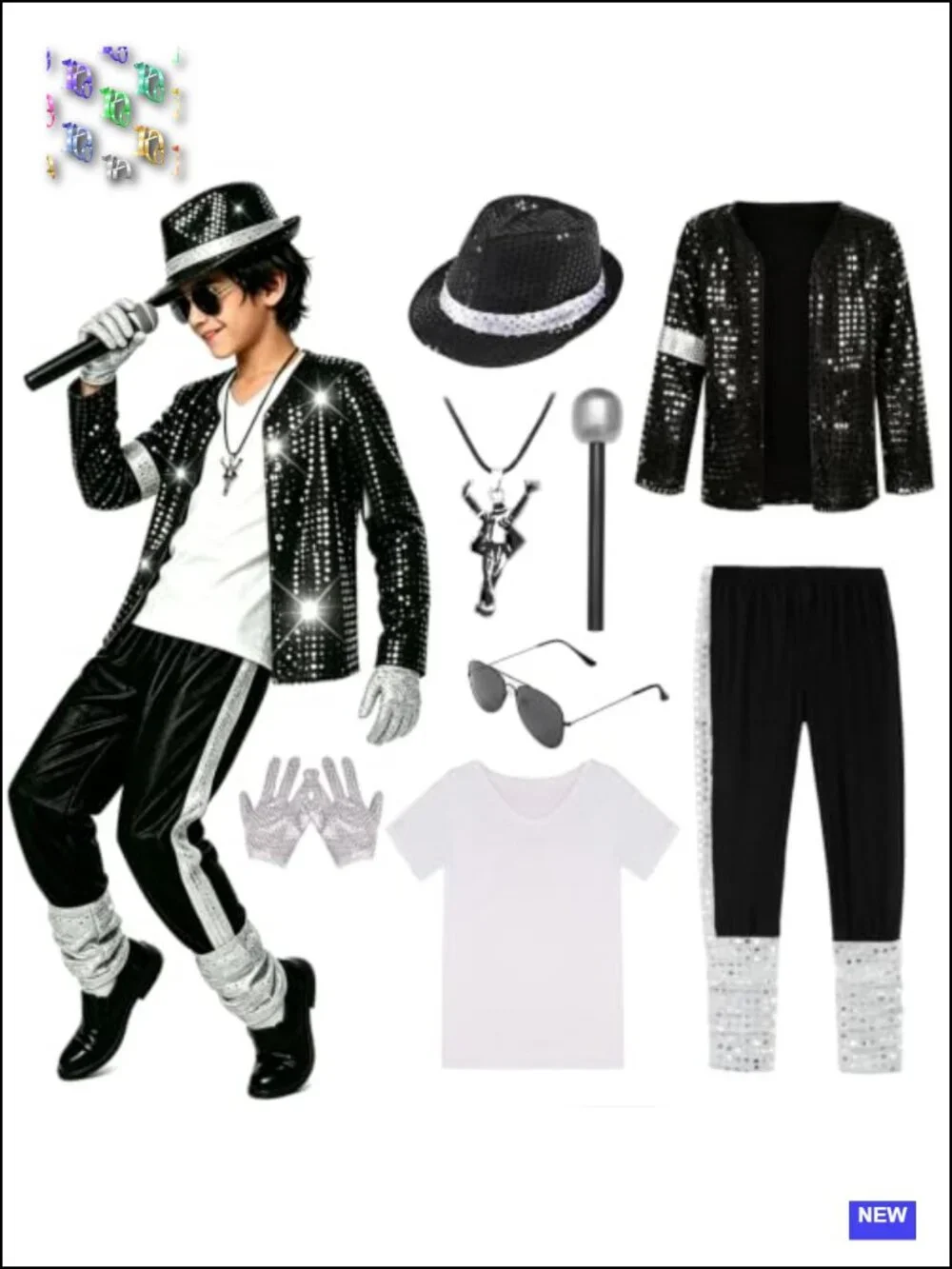 Kids 80s 90s Pop Star Costume Boys Dance Halloween Outfit Sequin Jacket
